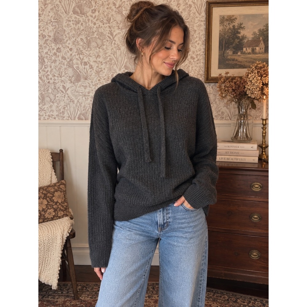 Spiritual Gangster Charcoal Ribbed Knit Hoodie – Size Small